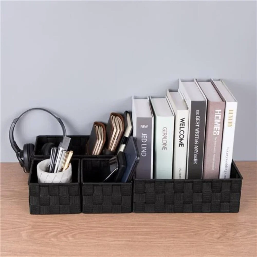 Woven Storage Baskets Set of 4 Black Organizer Bins for Drawer Closet Shelf